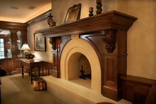Large wooden fireplace