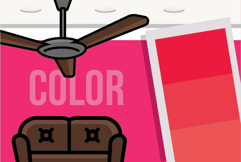 Color: Animation of a pink living room with a fan next to a pink color swatch