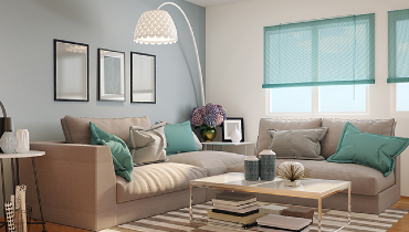 living room interior. Grey wall, grey couch with teal accents