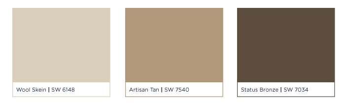 Suburban Modern: Muted neutral colors like Wool Skein | SW6148 for the body, Artisan Tan | SW7540 for the trim, and Status Bronze | SW7034 for the accent color give your home a sharp, strong look that fits in with a contemporary neighborhood. 