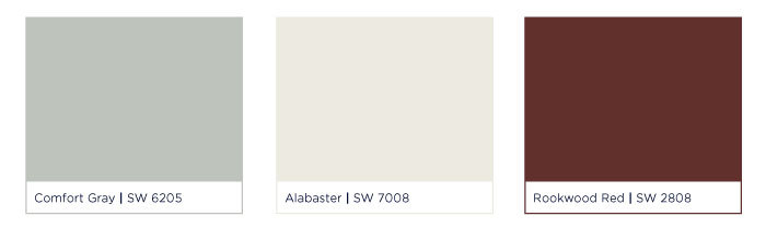 Northern Shores: Do you appreciate neutrals but also love a little muted color? Subdued shades of slate blue, gray-green, and dusty red reminiscent of the northern shores and seaports may be your perfect palette. Consider paint colors like Comfort Gray | SW6205 for the body, Alabaster | SW7008 for trim, and Rookwood Red | SW2802 for accents. 