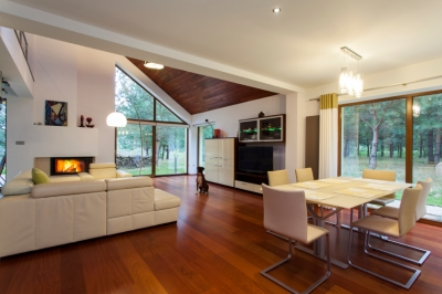 Modern White Living Room with Wood Floors and Wood Ceiling 