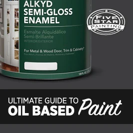 Blog title superimposed on a gray background, top of the image includes a bucket of semi-gloss enamel paint, Five Star Painting logo in the top right