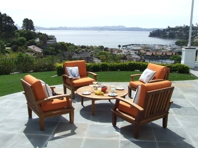 Wooded outdoor furniture on a patio