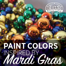 Blog title "Paint Colors Inspired By Mardi Gras" and Five Star Painting icon superimposed over photo of Mardi Gras beads