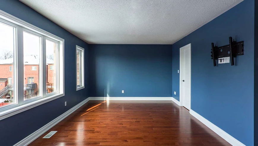 Living room painted blue with shiny wooden floor