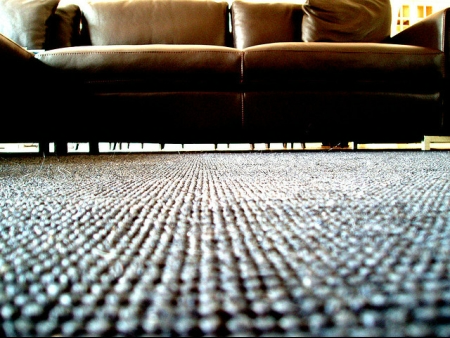 Brown couch on a carpeted floor
