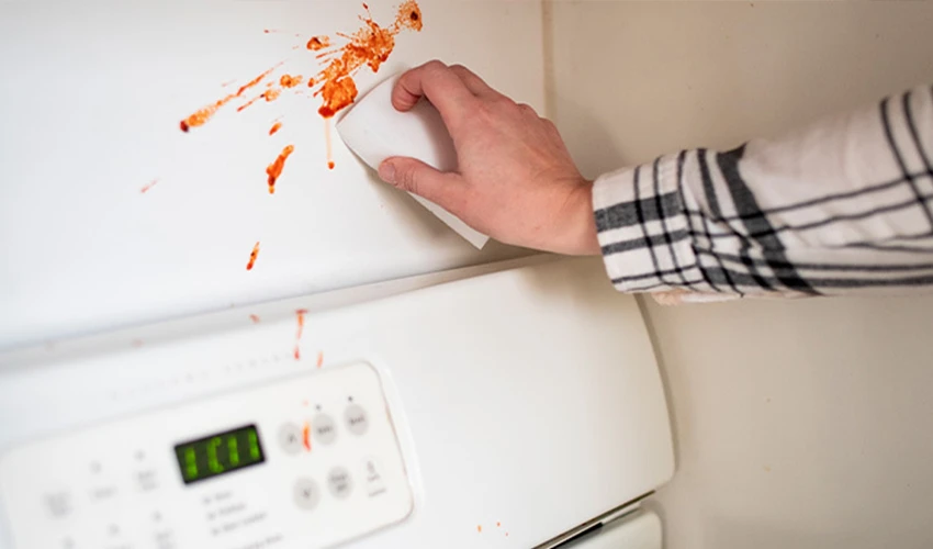 Person scrubbing stain off wall