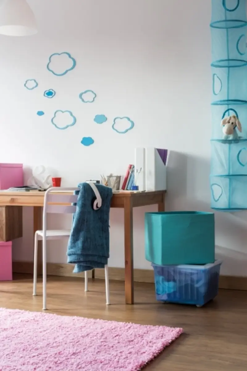 Tween Bedroom with Clouds Painted on Wall and Creative Shelving