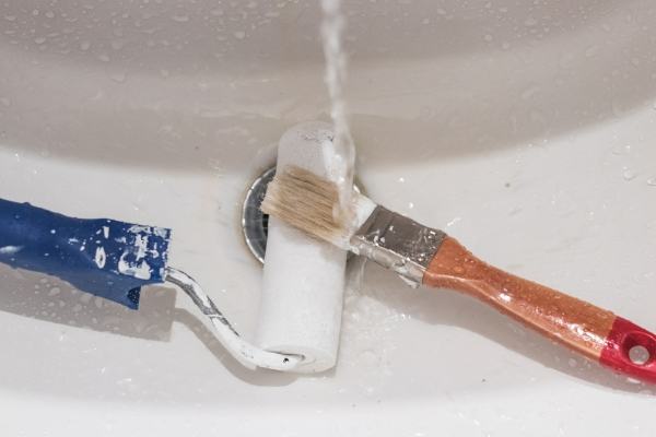 Paint roller and brush being cleaned in a sink under running water.
