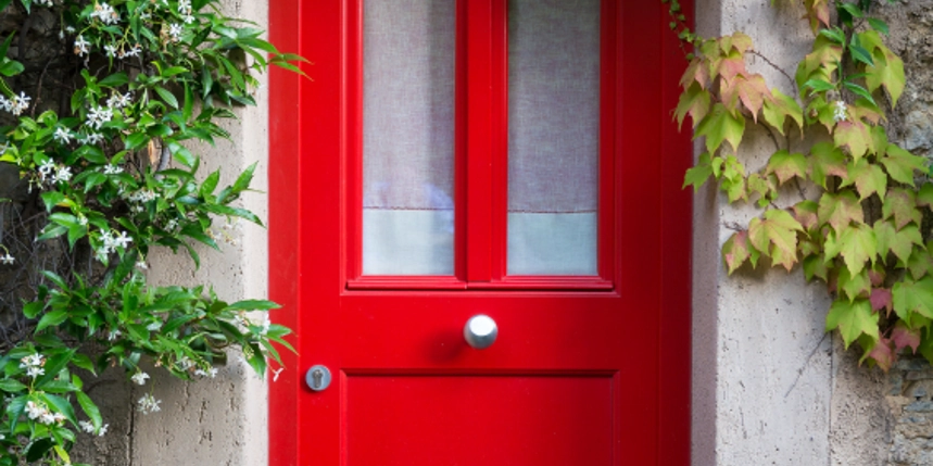 Photo of a bright red front door framed by green and yellow climbing ivy