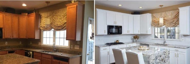 Before and after images of a kitchen that was painted.