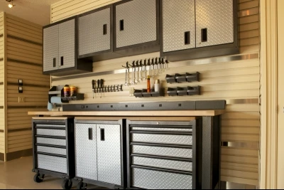 Photo of a well-organized workbench with matching cabinets