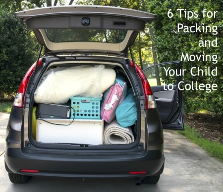 Blog title superimposed over a photo of a minivan packed full of college essentials