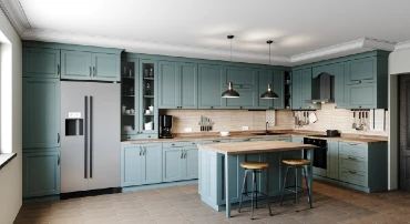 Modern kitchen with aqua color cabinets and a small island, with two wooden stools.