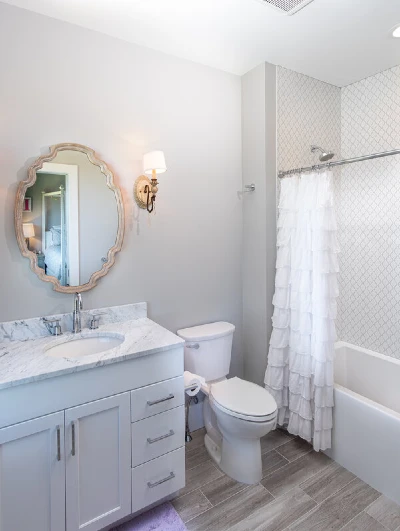 Bathroom interior ceiling painted white and walls painted grey