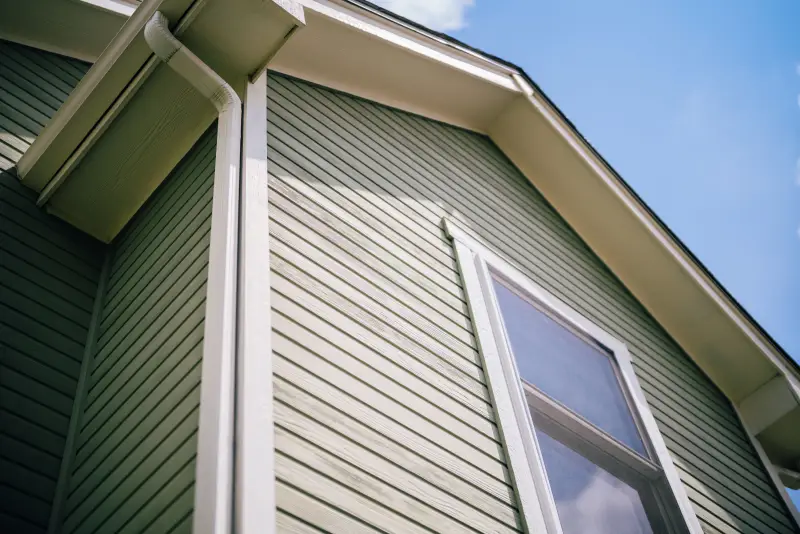 Bottom up view of light green painted vinyl siding with white trim.