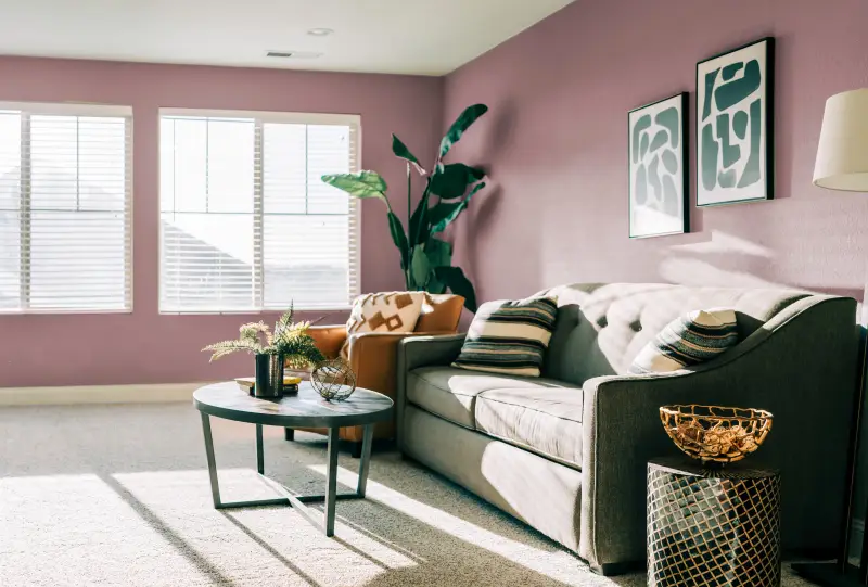 Sunny boho living room with mauve painted walls, cream baseboards, earthy decor, gold accent pieces.