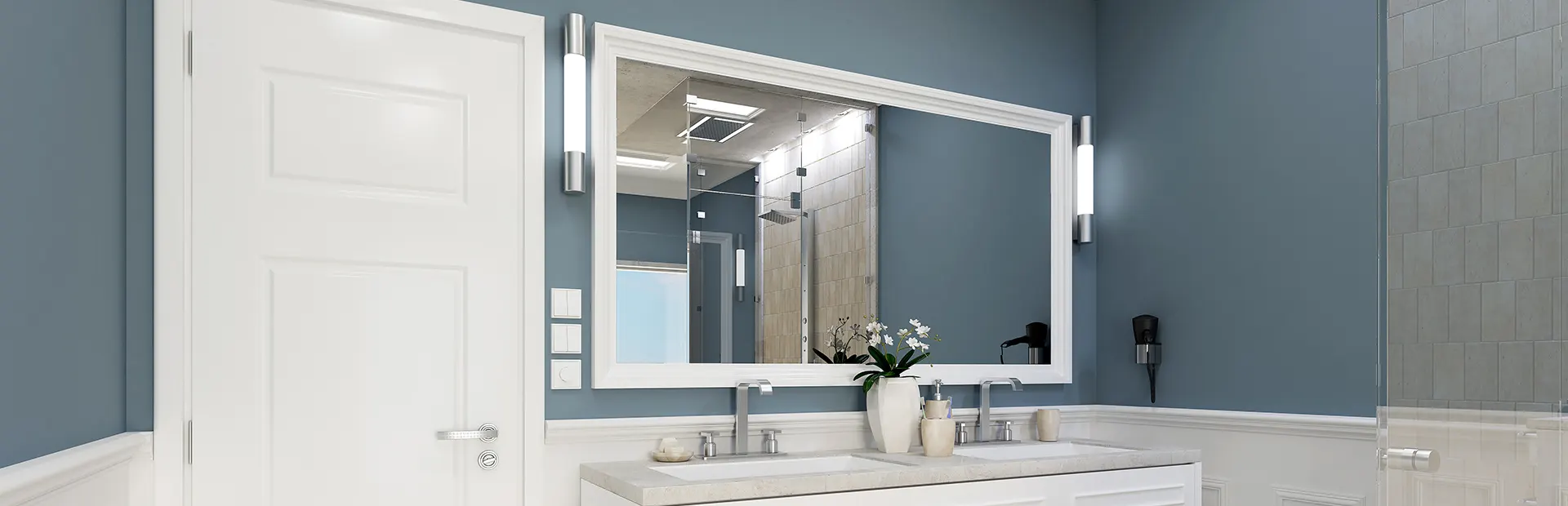 Bathroom in original colours of off white and green walls.