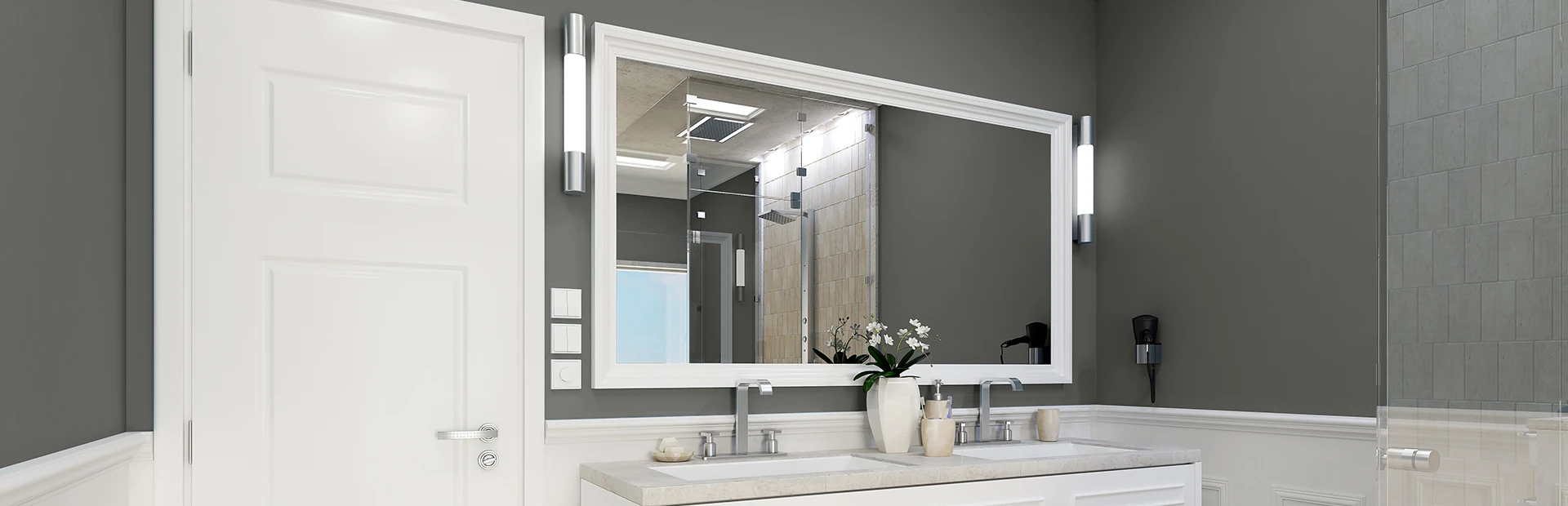 Bathroom in dark gray, tan and white walls.