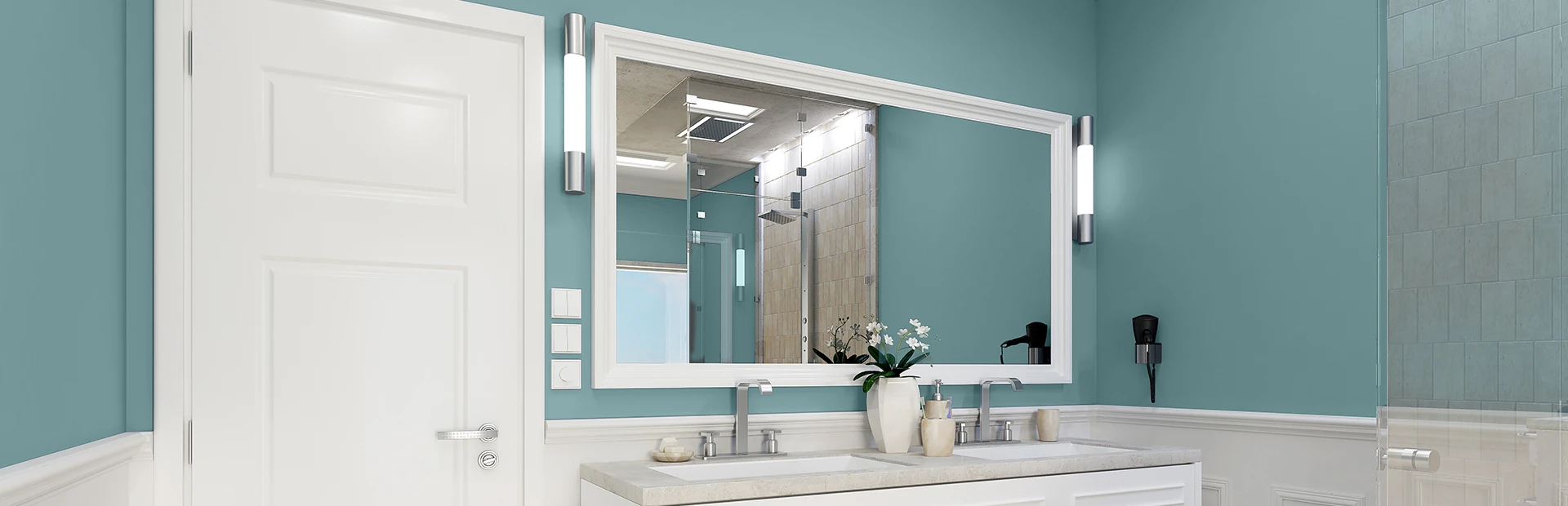 Bathroom in seafoam green, light gray and white walls.