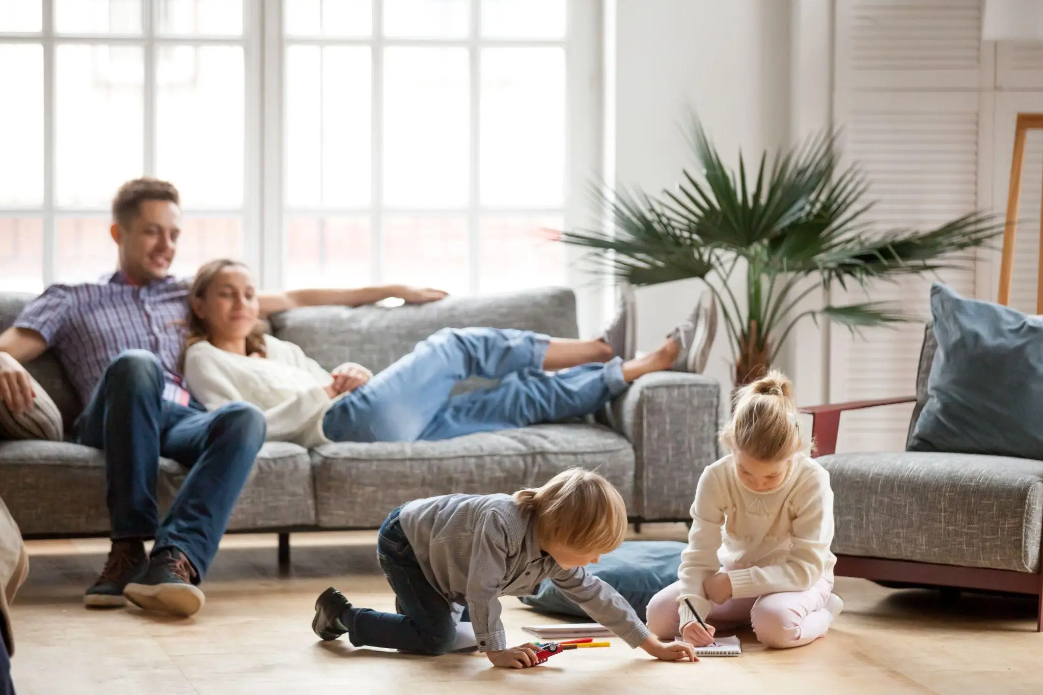 Family lounging in the living room.