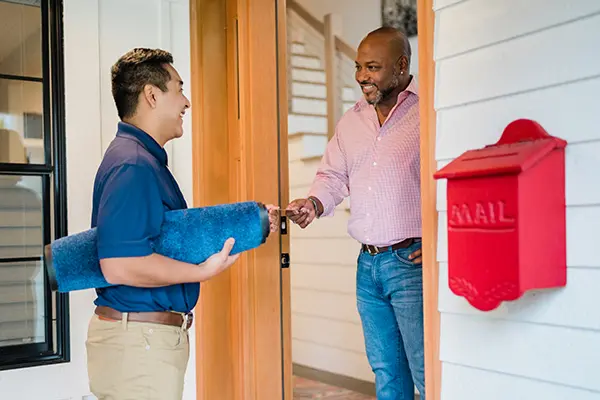 A PTP employee at the door of a customer's home holding a rug and handing the customer a card.