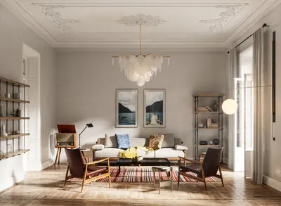 A casual living room with furniture, hardwood floor and large open window