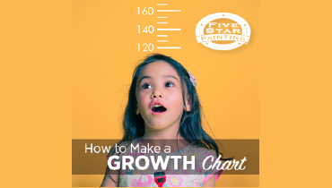Blog title superimposed over a photo of a child with an astonished expression in front of an orange background on which is a height measurement, the Five Star Painting logo in the top right