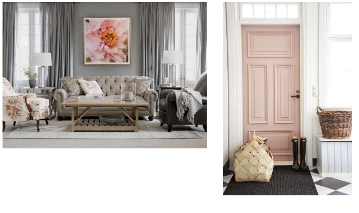 Interior living room with floral accents and a pink door.