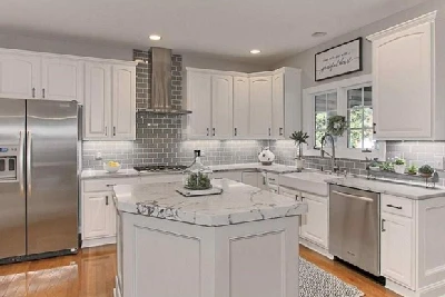 White cabinets after being painted by Five Star Painting.