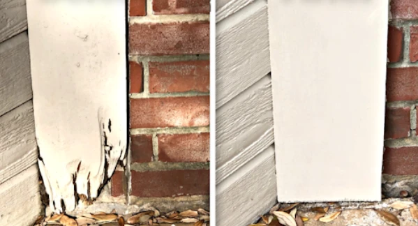 Before and after wood rot repair on a house beam.