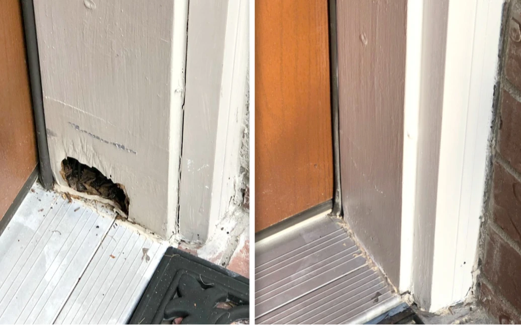 Before and after wood rot repair on a door frame