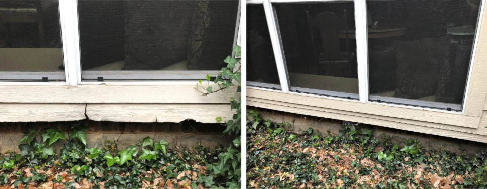Before and after wood rot repair on a window