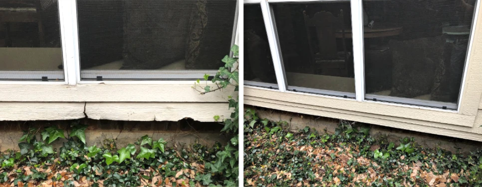 Before and after wood rot repair on a window.