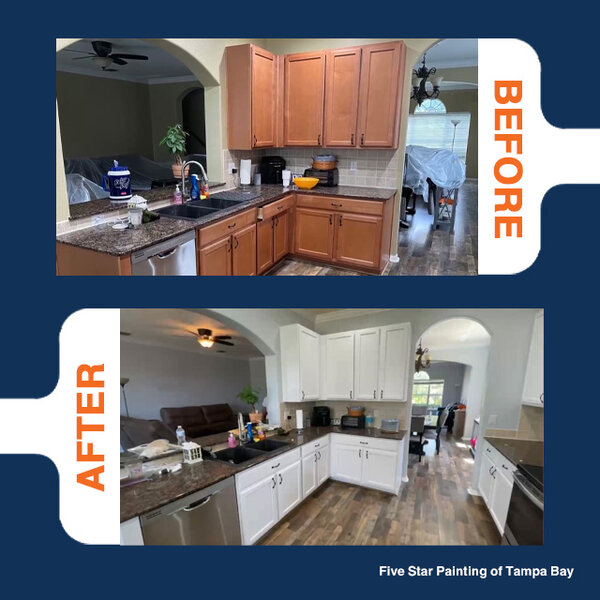 Before and after images of cabinets painted by Five Star Painting of Tampa Bay