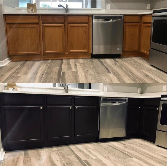 Before and after photos of kitchen cabinets painted by Five Star Painting of Tampa Bay