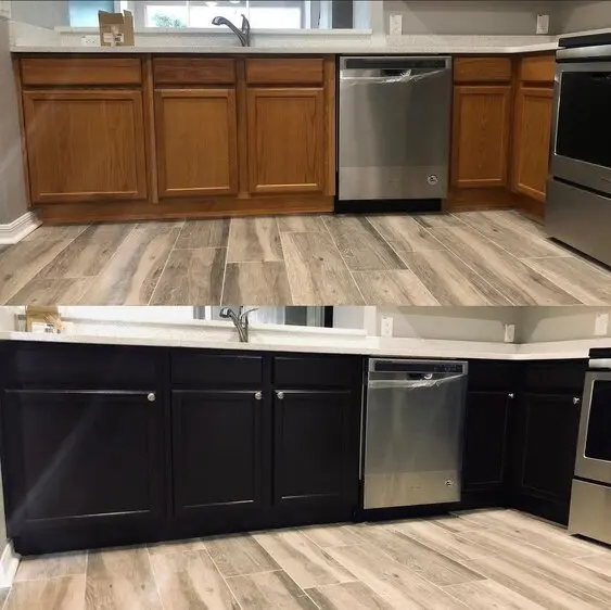 Before and after photos of kitchen cabinets painted by Five Star Painting of Tampa Bay