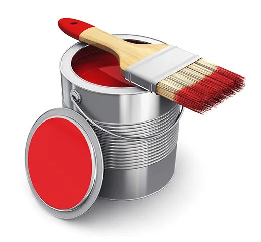 Open paint can with red paint inside and paintbrush on top of the can.