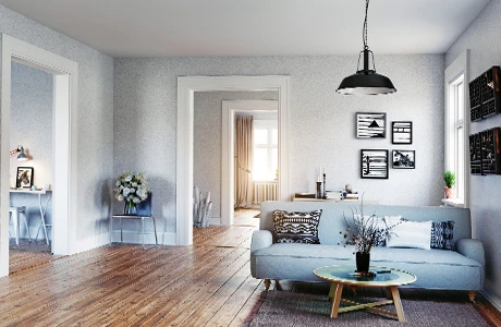 Living room with a new white and grey interior paint job.