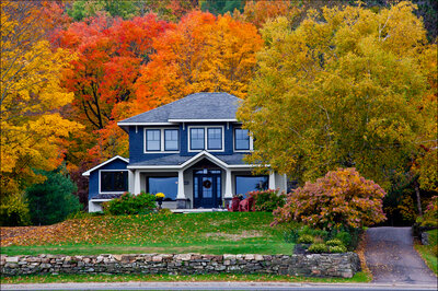 Blue home exterior surrounds by autumn trees.